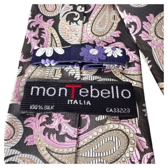 Montebello Italia Silk Tie‎ Brown Pink Paisley Floral Necktie Menswear - Picture 2 of 4